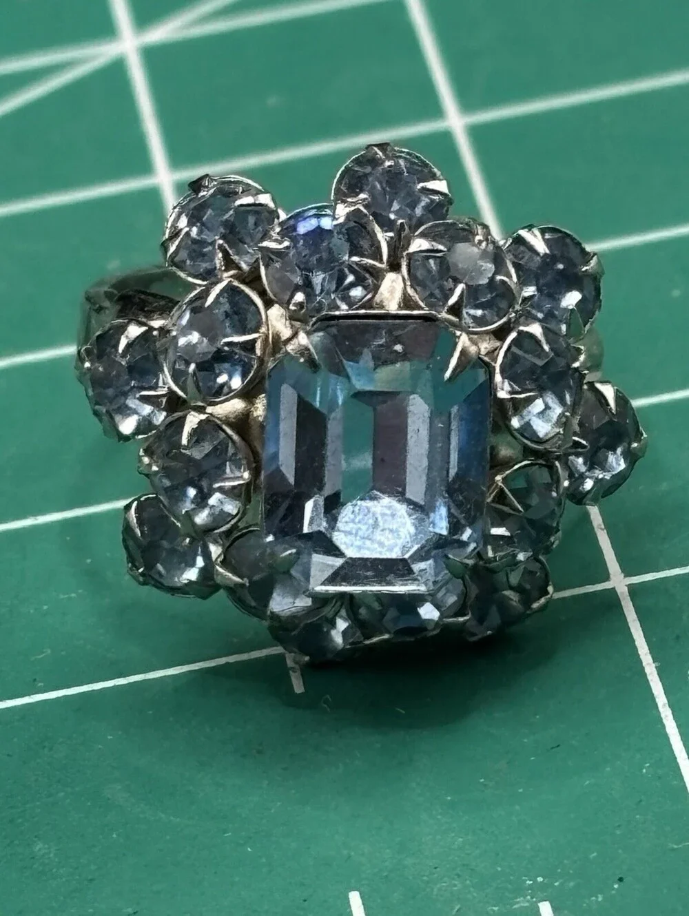Vintage Blue Rhinestone Ring Adjustable Prong Set Silver Tone Flower Size 7.5